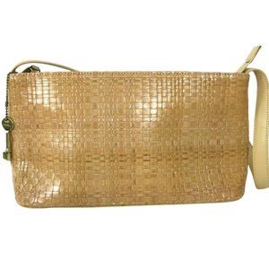 Vintage Fossil Tan Woven Leather Shoulder Bag Key… - image 1